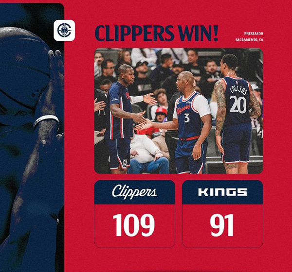 季前赛-快船109-91战胜国王,科林斯24分,萨博尼斯15分,莱昂纳德15分